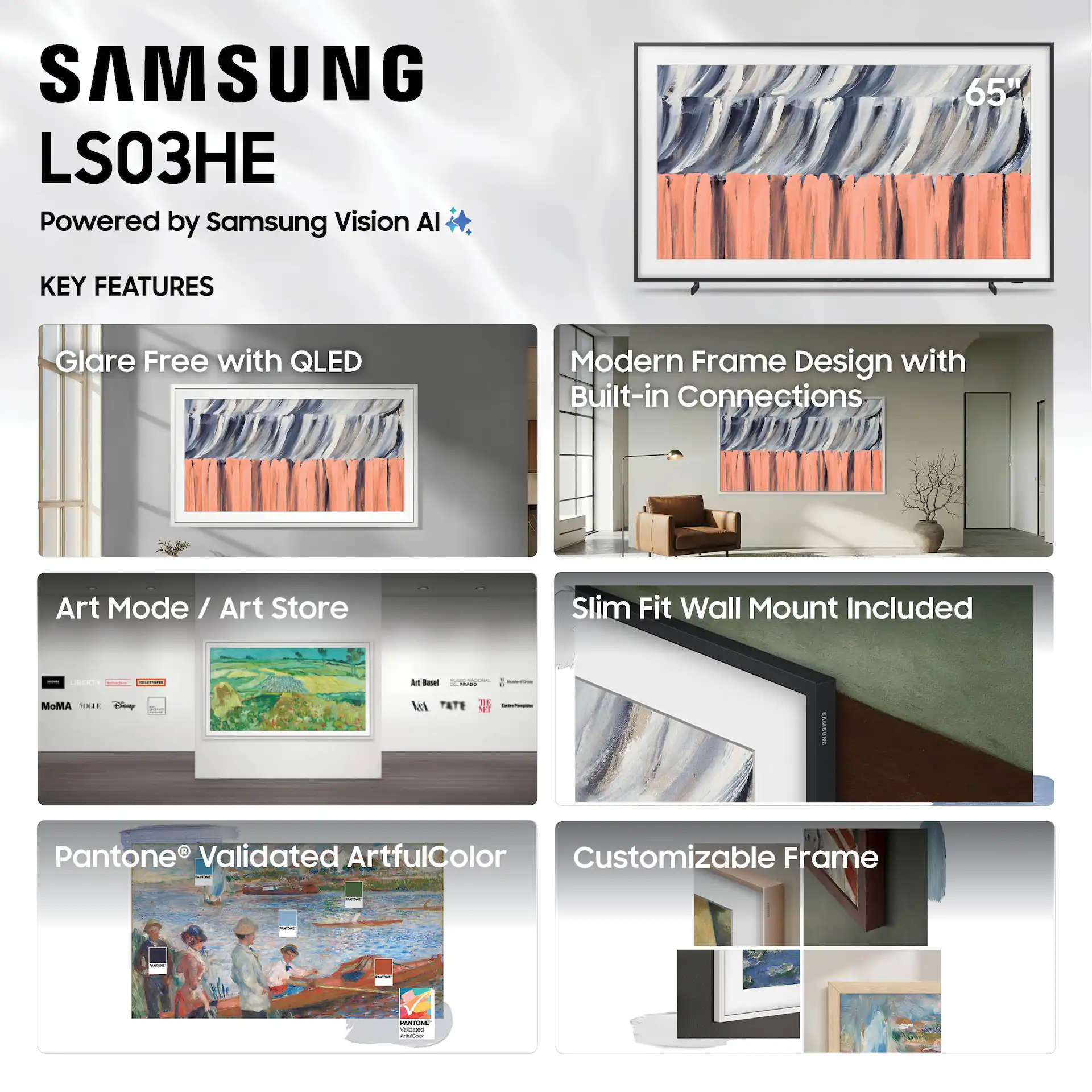 Samsung 65" Class The Frame Series LS03HE QLED 4K Samsung Vision AI Smart TV Smart Tizen TV 2026 - QN65LS03HEFXZA display and camera view