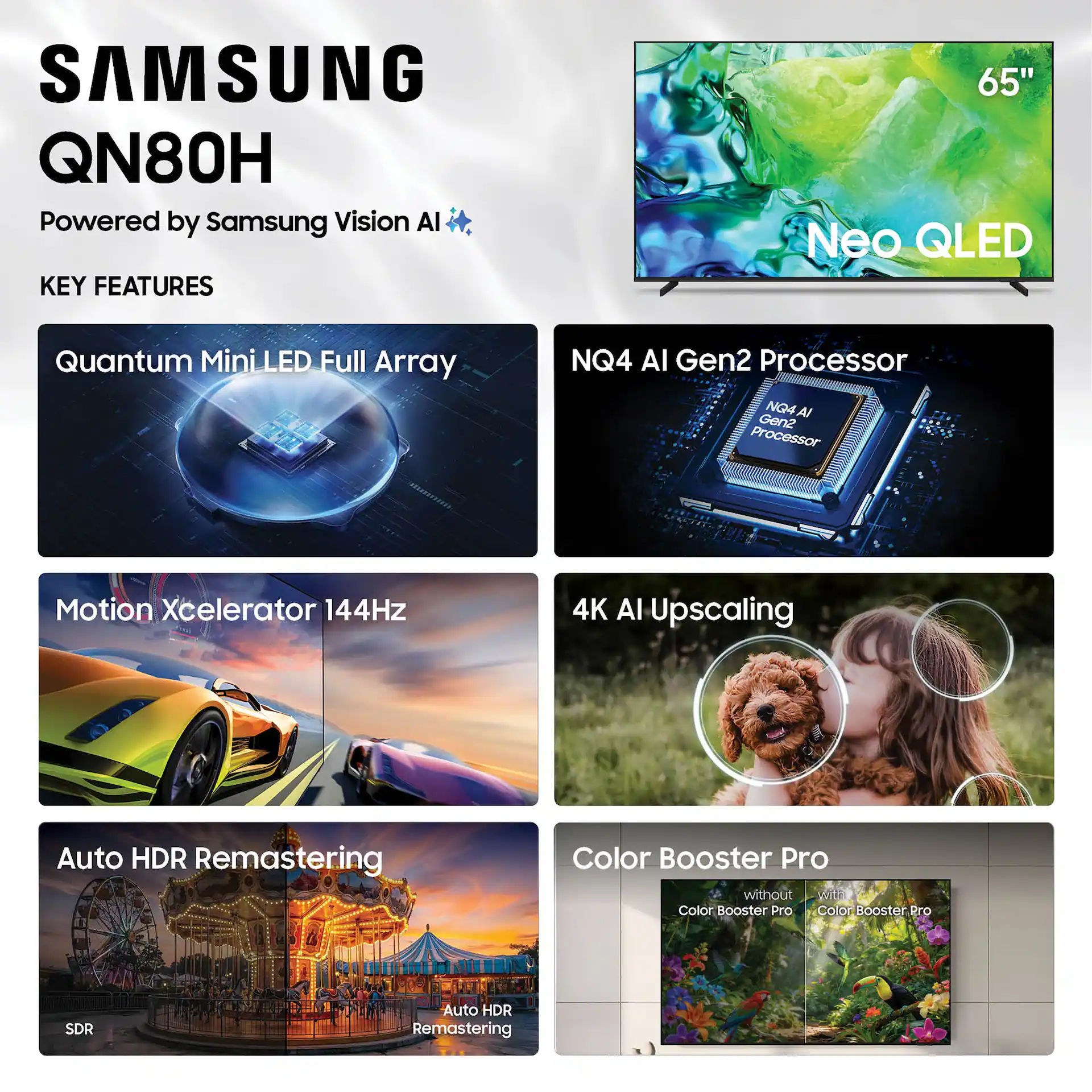 Samsung 65" Class QN80H Series Neo QLED Mini LED 4K UHD Samsung Vision AI Smart Tizen TV (2026) display and camera view