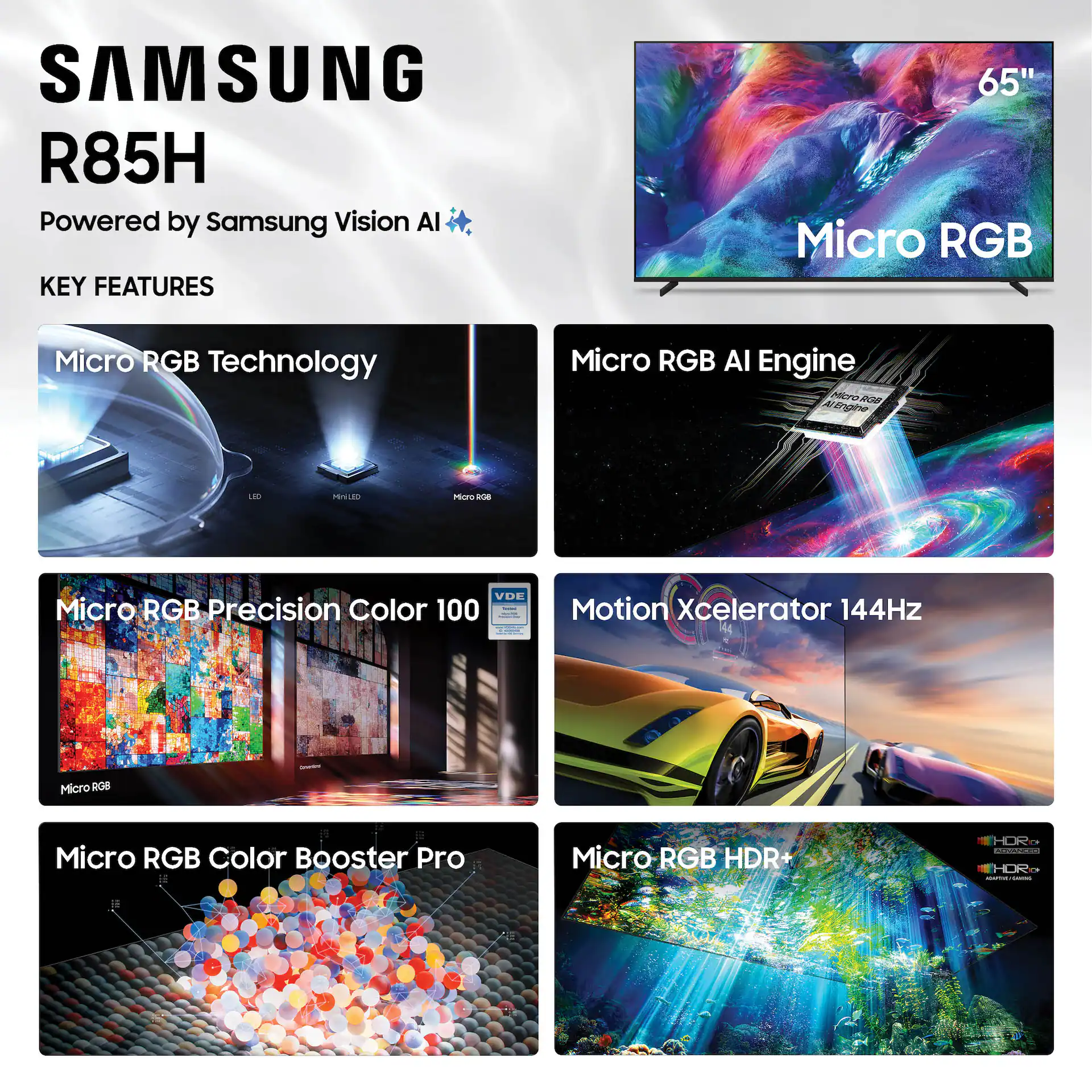 Samsung 65" Class R85H Series Micro RGB 4K UHD Samsung VisionAI Smart Tizen TV (2026) display and camera view