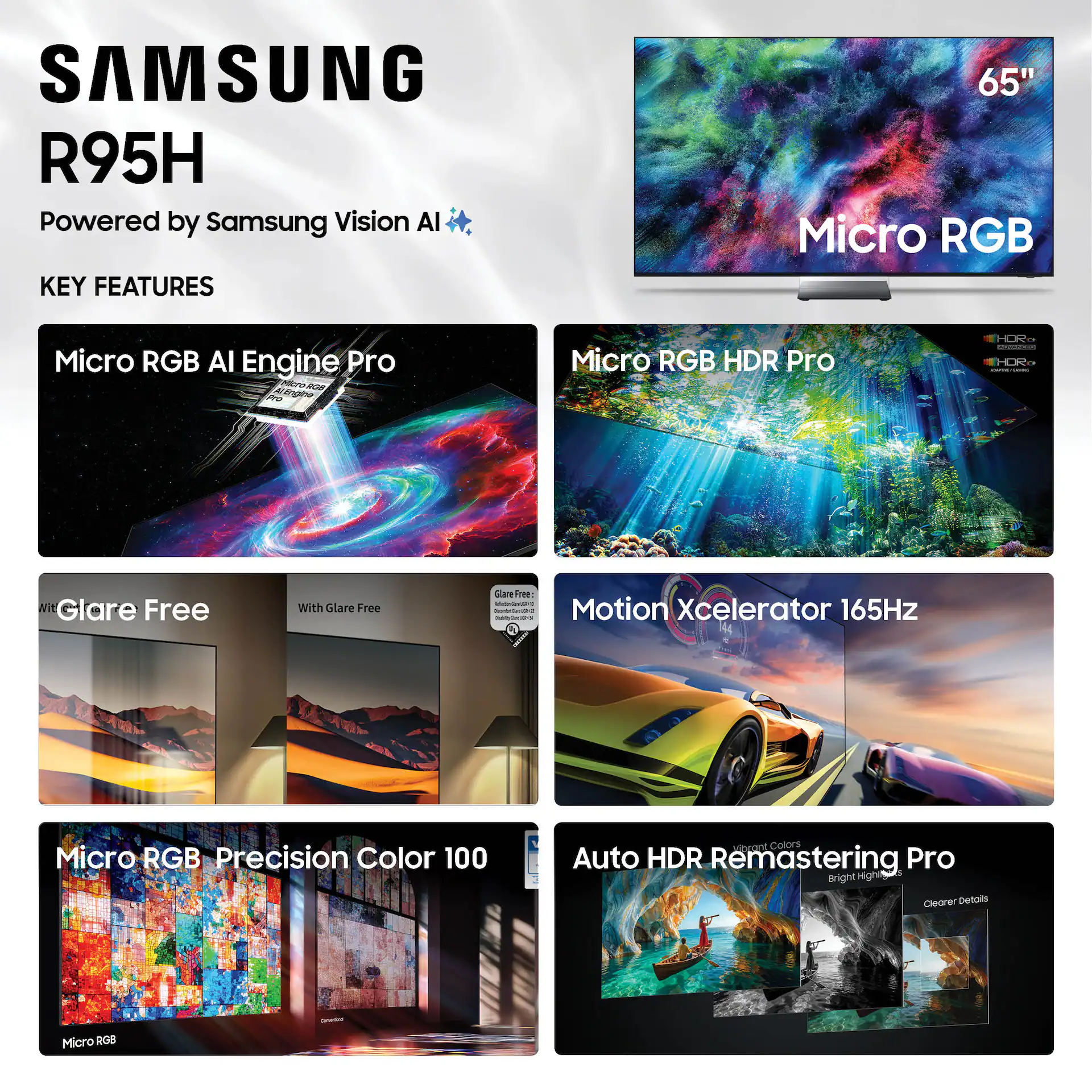 Samsung 65" Class R95H Series Micro RGB 4K Glare-Free TV with Samsung VisionAI (2026) display and camera view