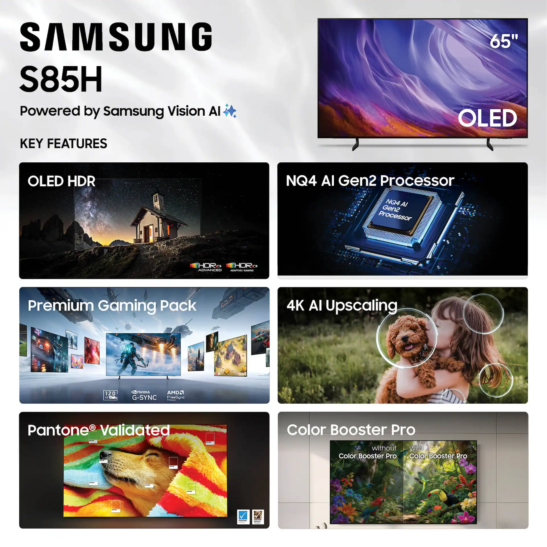 Samsung 65" Class S85H OLED 4K UHD Smart Vision AI Smart Tizen TV (2026) display and camera view