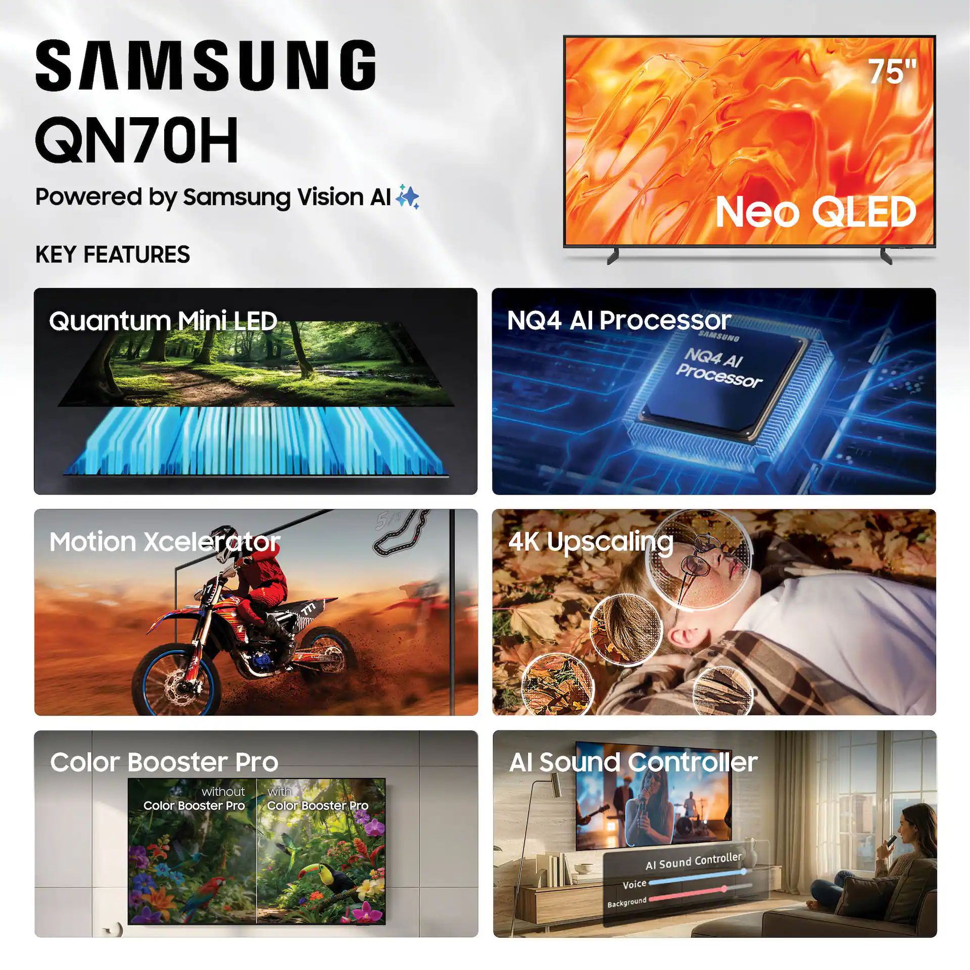 Samsung 75" Class QN70H Series Neo QLED Mini LED 4K UHD Samsung Vision AI Smart Tizen TV (2026) display and camera view