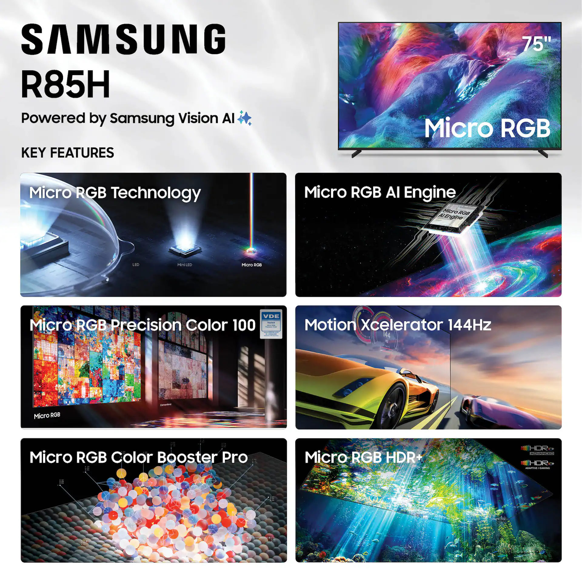 Samsung 75" Class R85H Series Micro RGB 4K UHD Samsung VisionAI Smart Tizen TV (2026) display and camera view