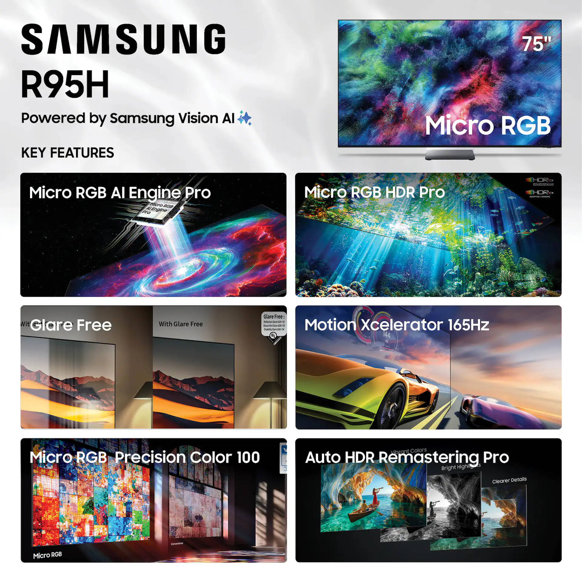 Samsung 75" Class R95H Series Micro RGB 4K Glare-Free TV with Samsung VisionAI (2026) display and camera view