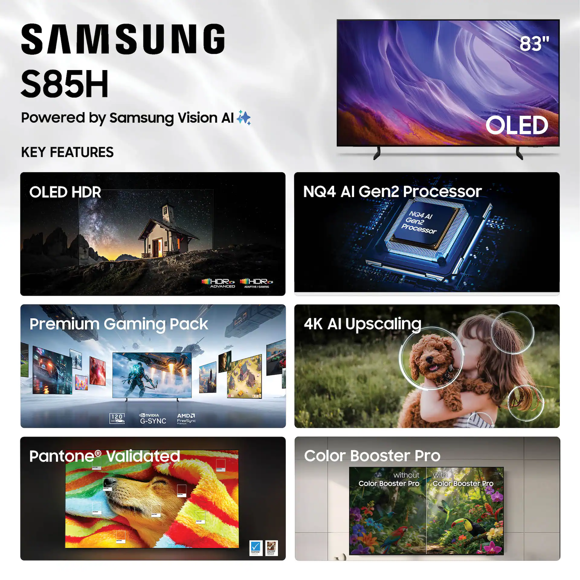 Samsung 83" Class S85H OLED 4K UHD Smart Vision AI Smart Tizen TV (2026) display and camera view