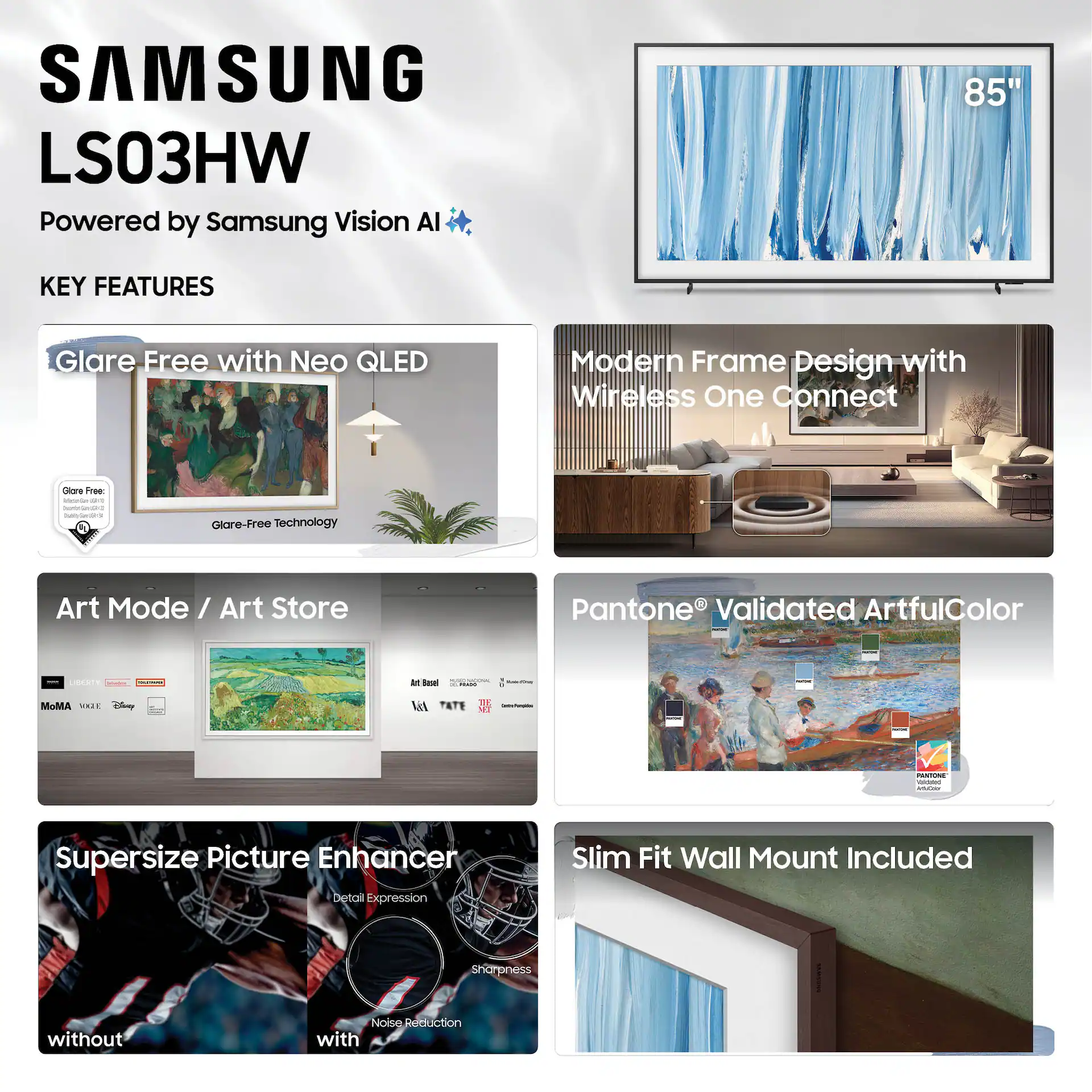 Samsung 85" Class LS03HW Series The Frame Pro 4K UHD Samsung Vision AI Smart Tizen TV (2026) gallery view