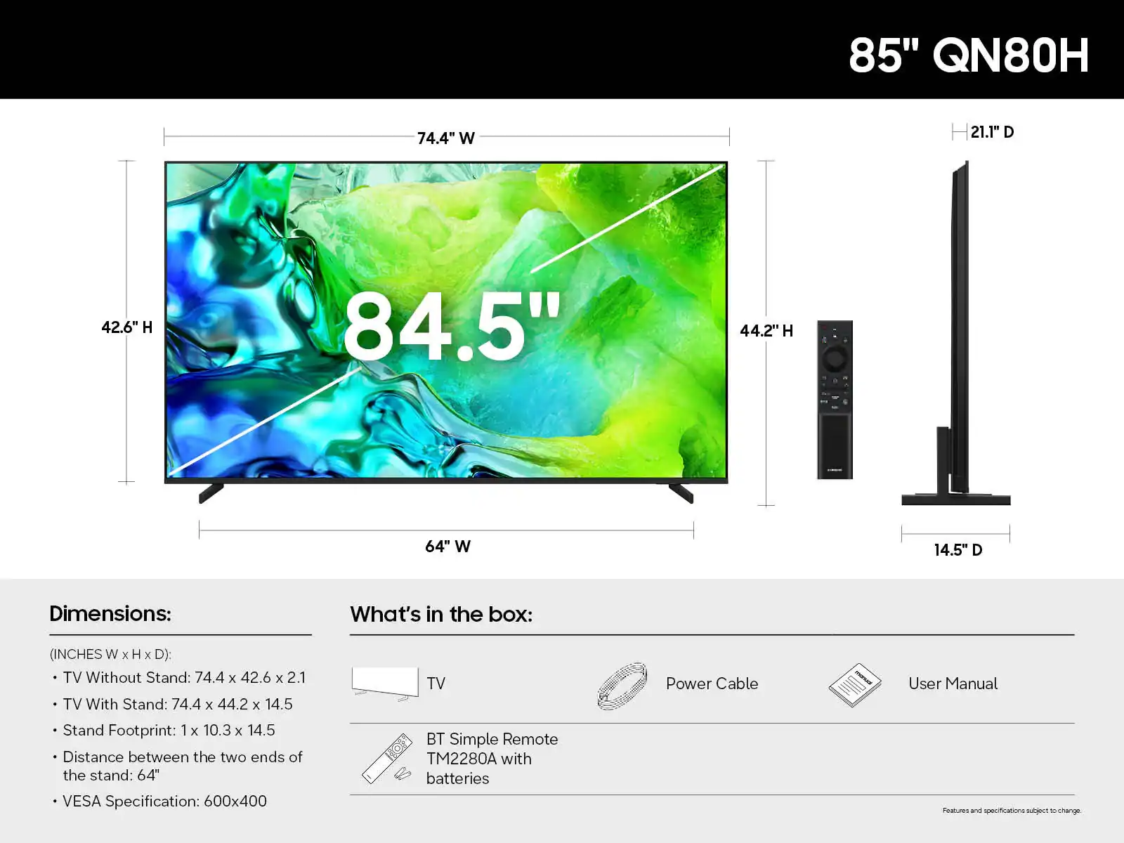 Samsung 85" Class QN80H Series Neo QLED Mini LED 4K UHD Samsung Vision AI Smart Tizen TV (2026) color options