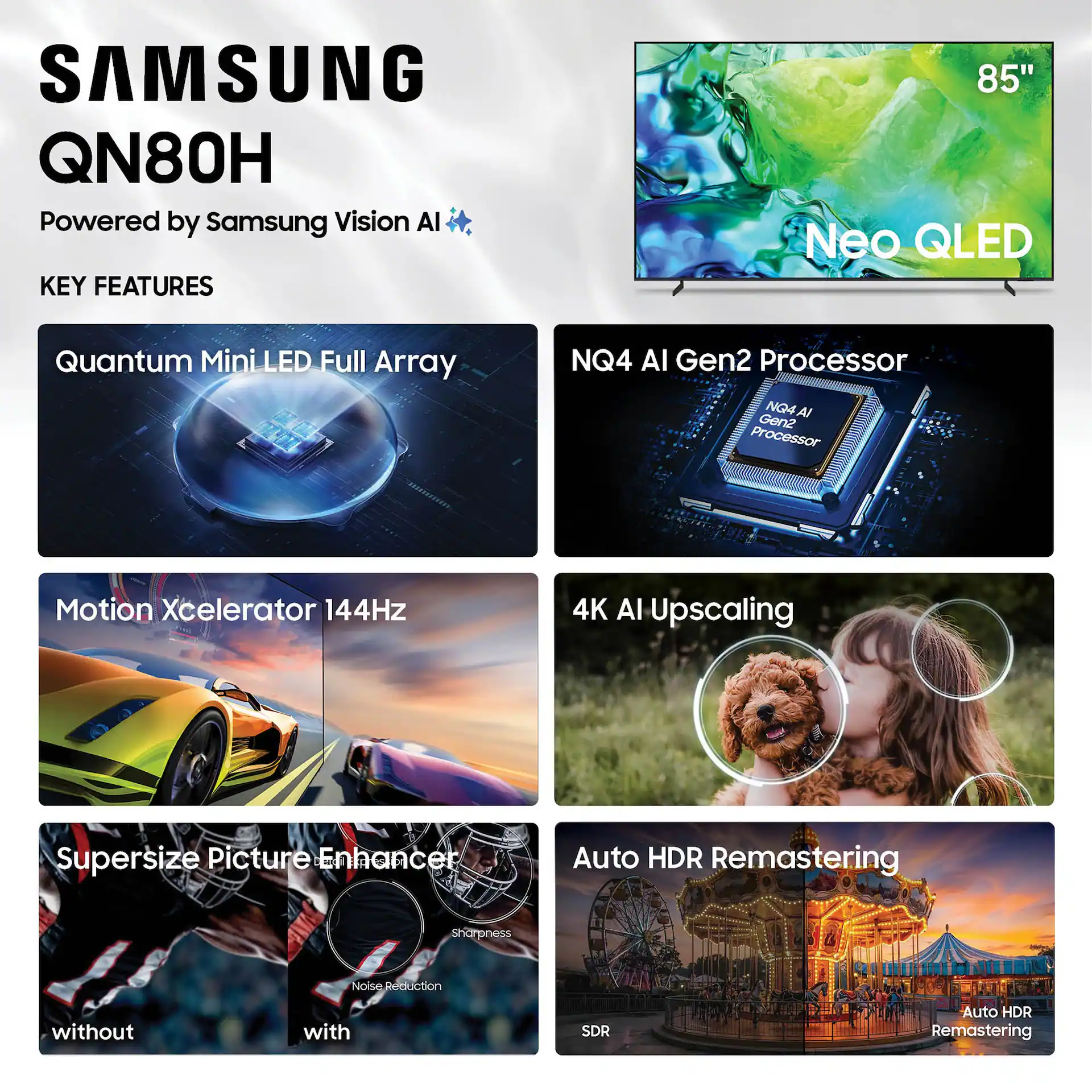 Samsung 85" Class QN80H Series Neo QLED Mini LED 4K UHD Samsung Vision AI Smart Tizen TV (2026) display and camera view