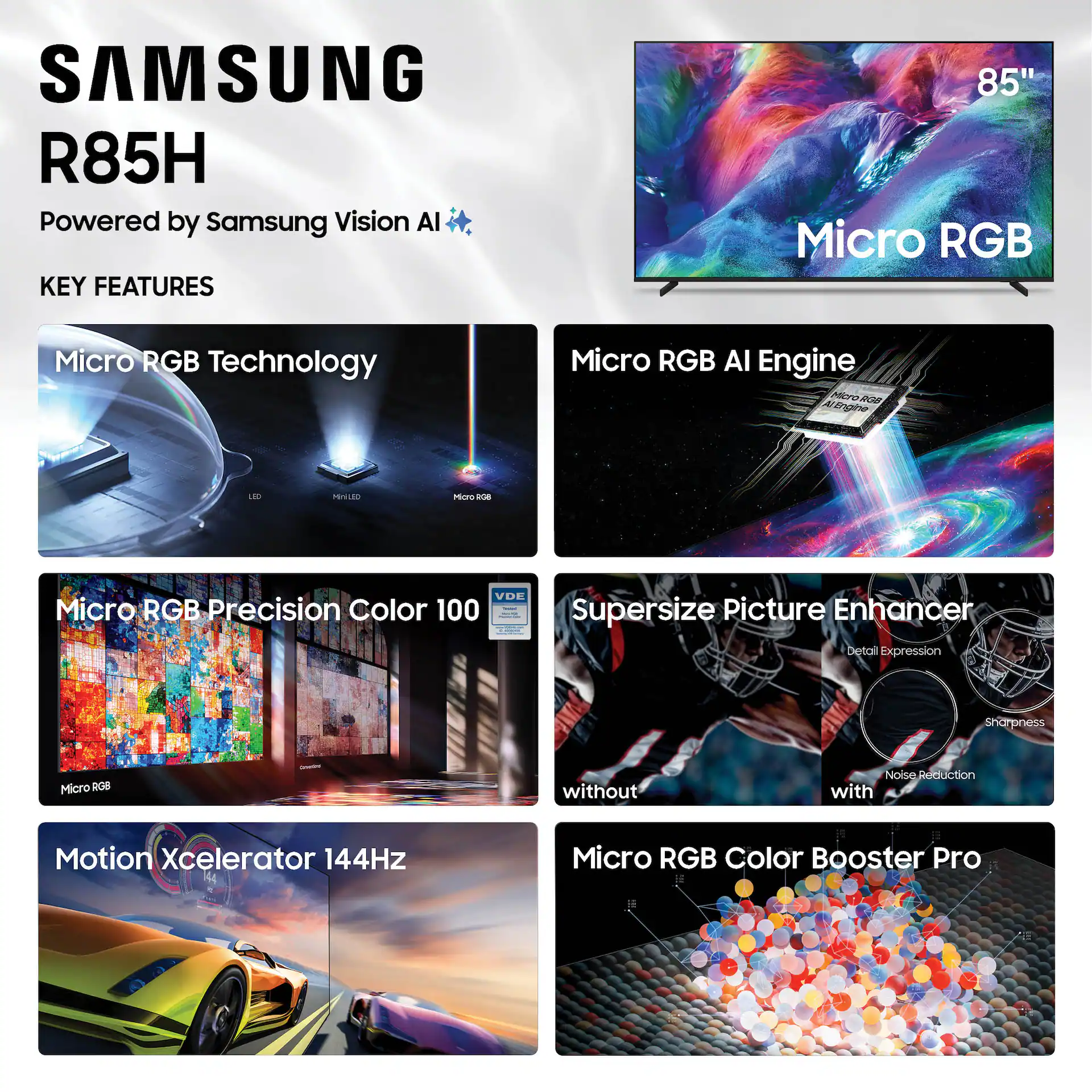 Samsung 85" Class R85H Series Micro RGB 4K UHD Samsung VisionAI Smart Tizen TV (2026) display and camera view