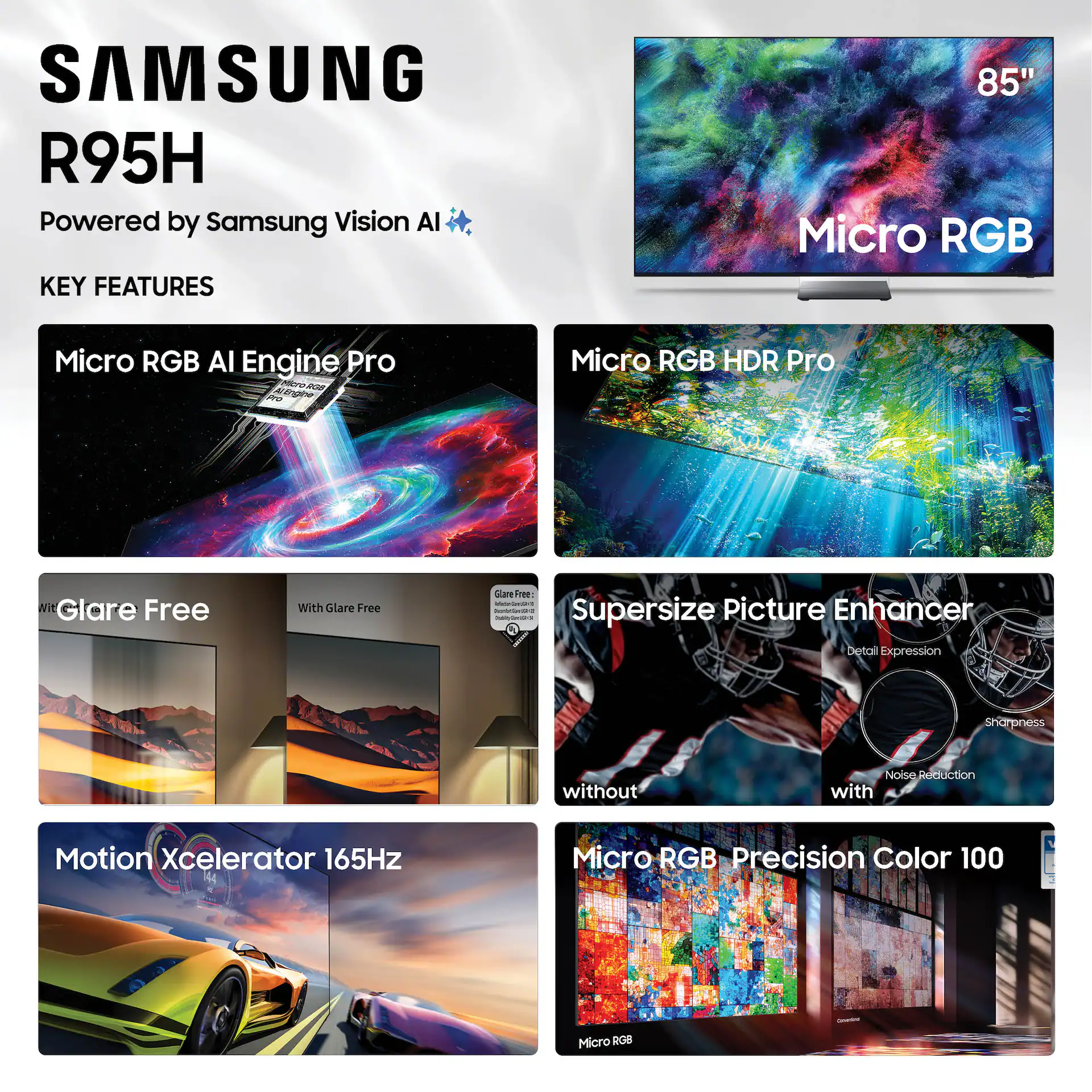 Samsung 85" Class R95H Series Micro RGB 4K UHD Samsung VisionAI Smart Tizen TV (2026) display and camera view