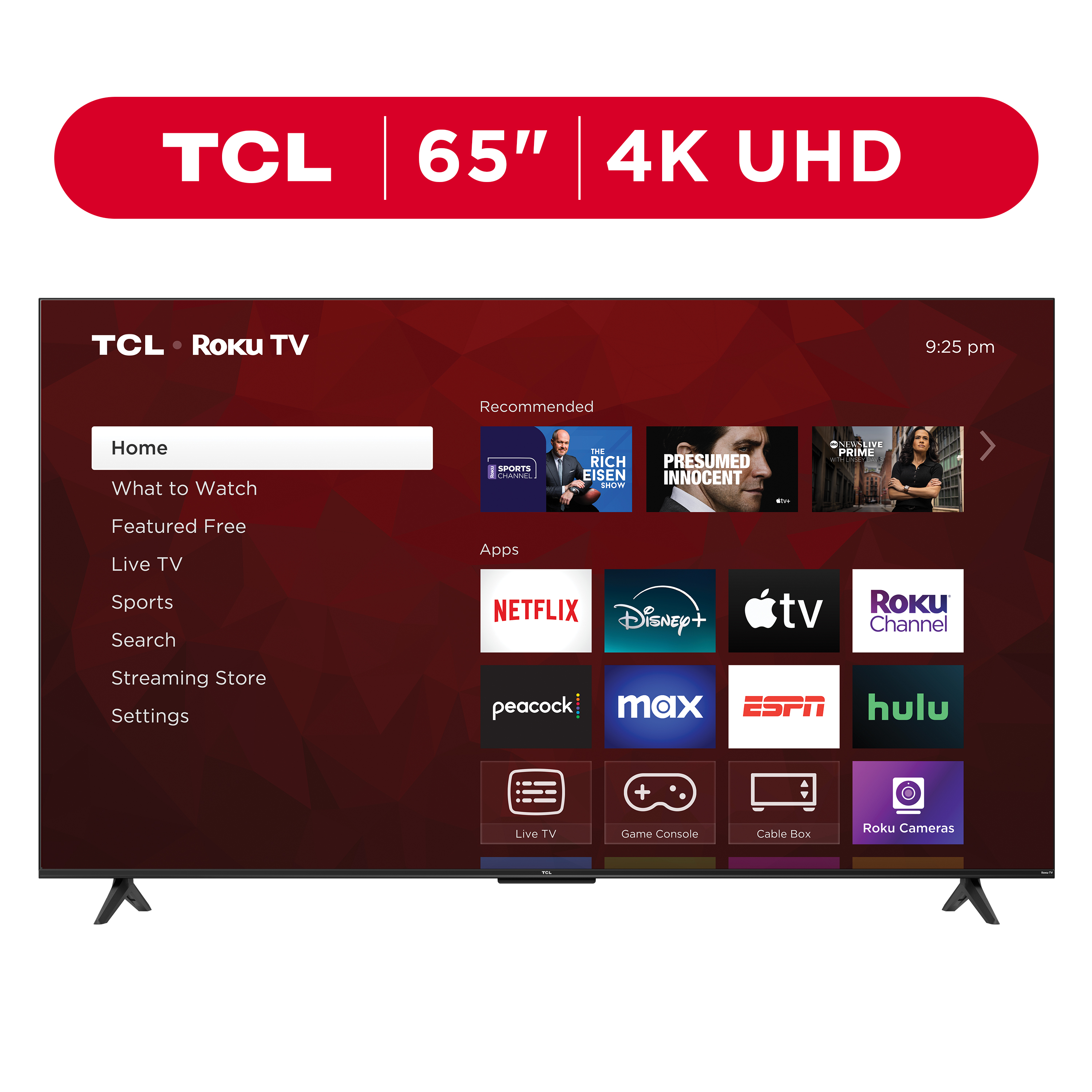 TCL 65” Class S4 (65S451) 4K UHD HDR Smart TV with Roku TV front and back view