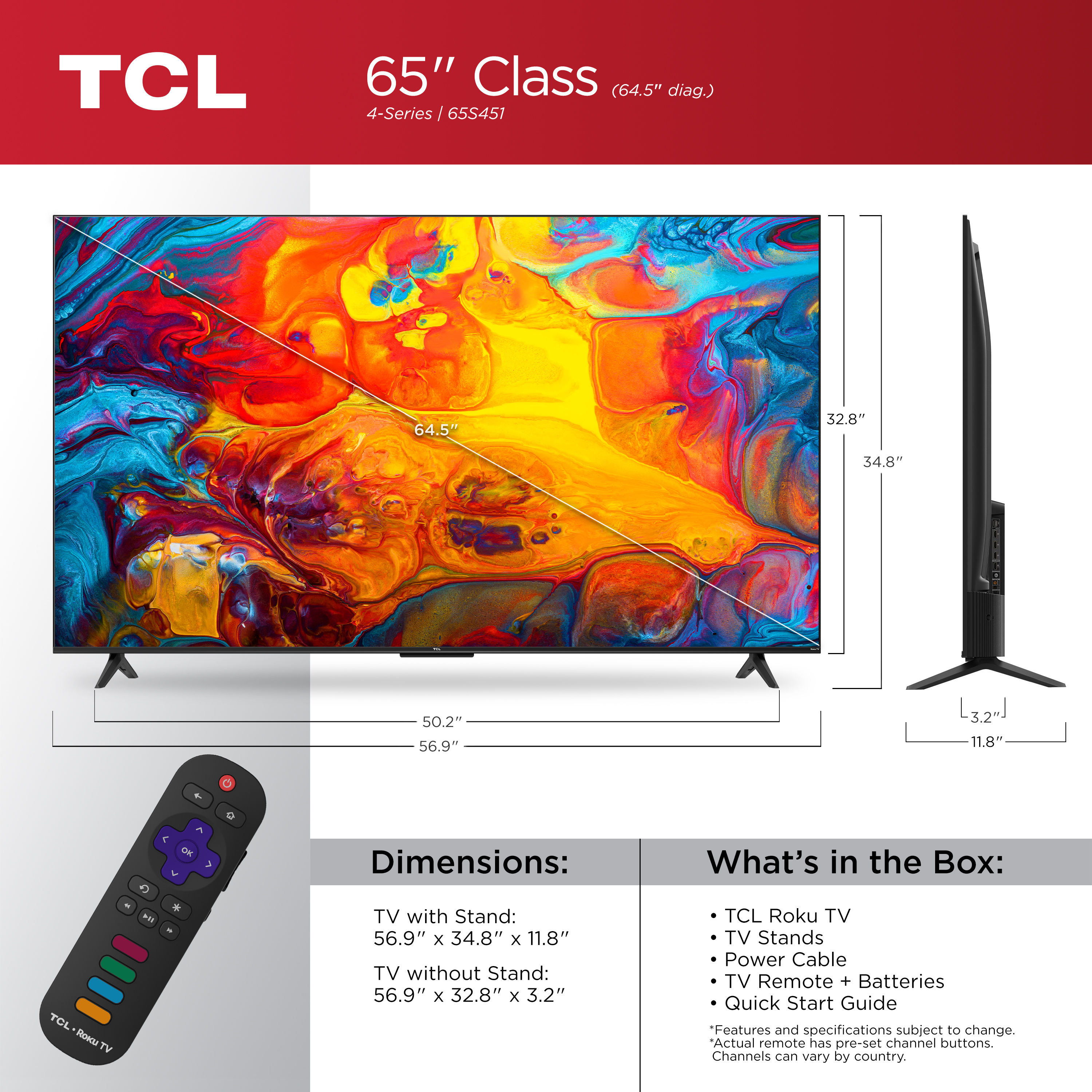 TCL 65” Class S4 (65S451) 4K UHD HDR Smart TV with Roku TV display and camera view