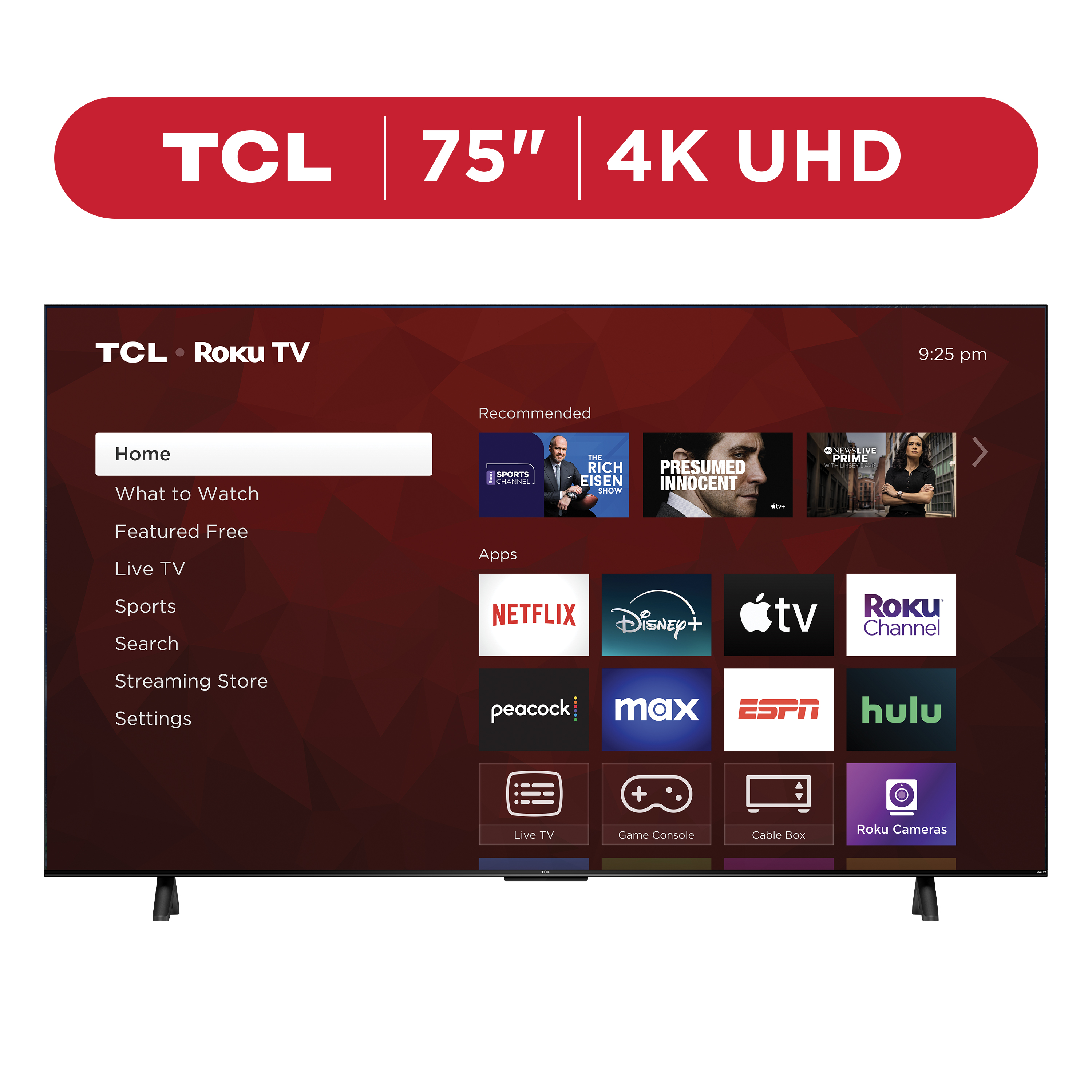 TCL 75” Class S4 (75S451) 4K UHD HDR Smart Roku TV front and back view